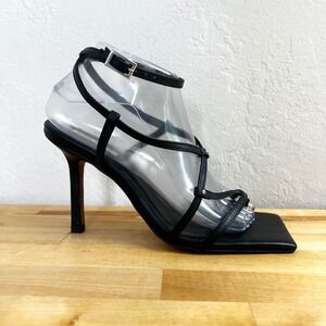 River Island Leather Strappy Heeled Sandals Black Square Toe Heels Size 39 /US 8